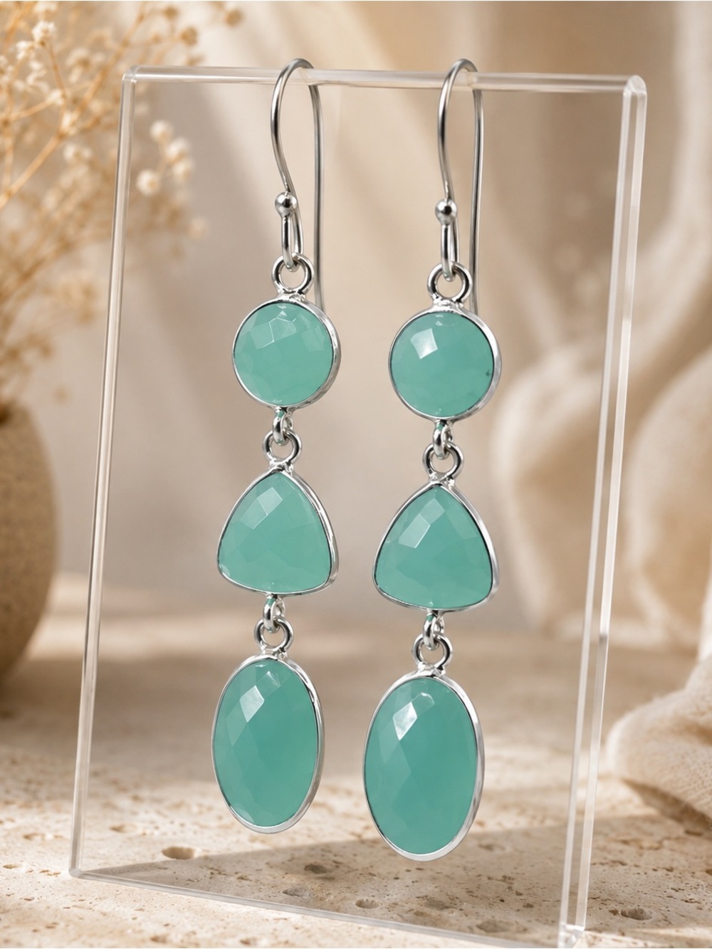 348. Aqua Chalcedony Sterling Dangle Earrings - 2.25” Long